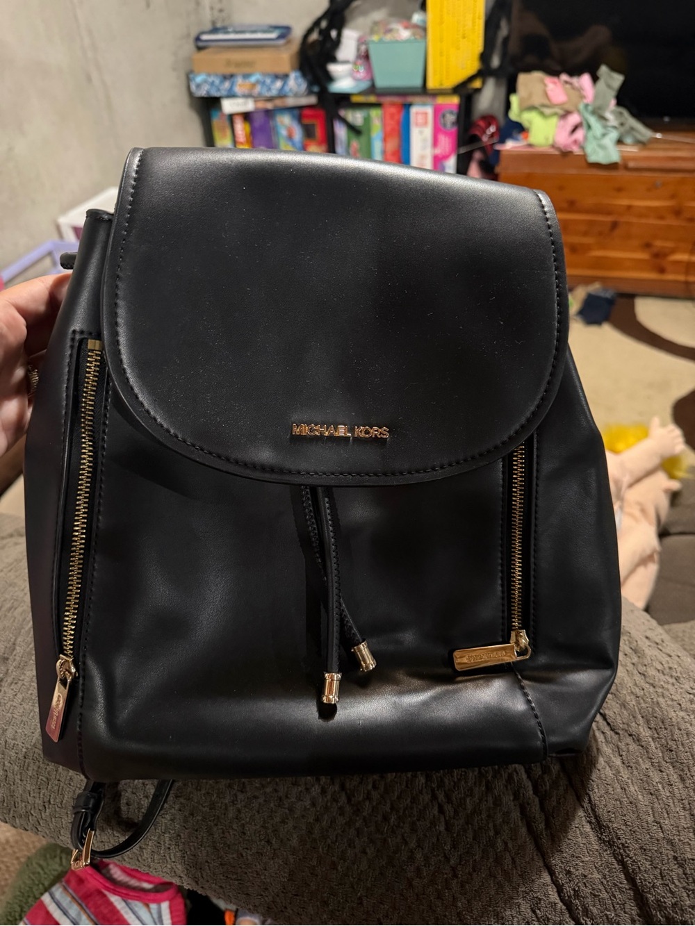 Michael Kors Black Leather Drawstring Backpack with Gold Accents